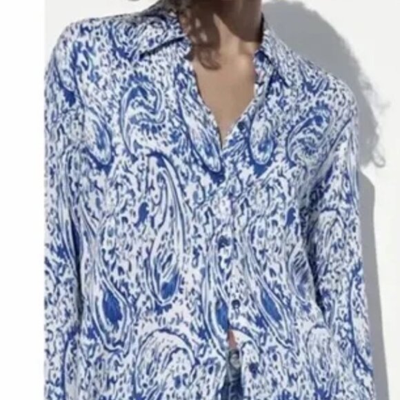 Zara Womens Satin Effect Blue/White Paisley Printed collared Blouse SZ: XL - Picture 11 of 12